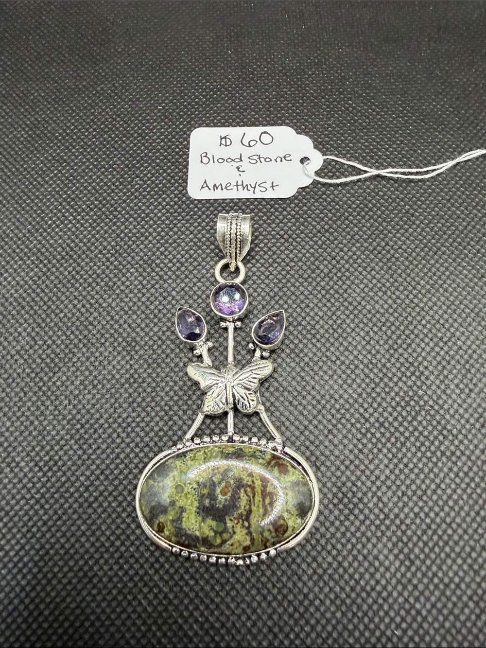Sterling Silver Butterfly Bloodstone and Amethyst Pendant - Green and Purple 2.9